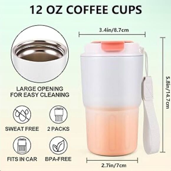Travel Coffee Mug 12 Oz. 2 Pack Leak Proof Reusable Hot/Cold Double Walled NIB - Picture 3 of 8
